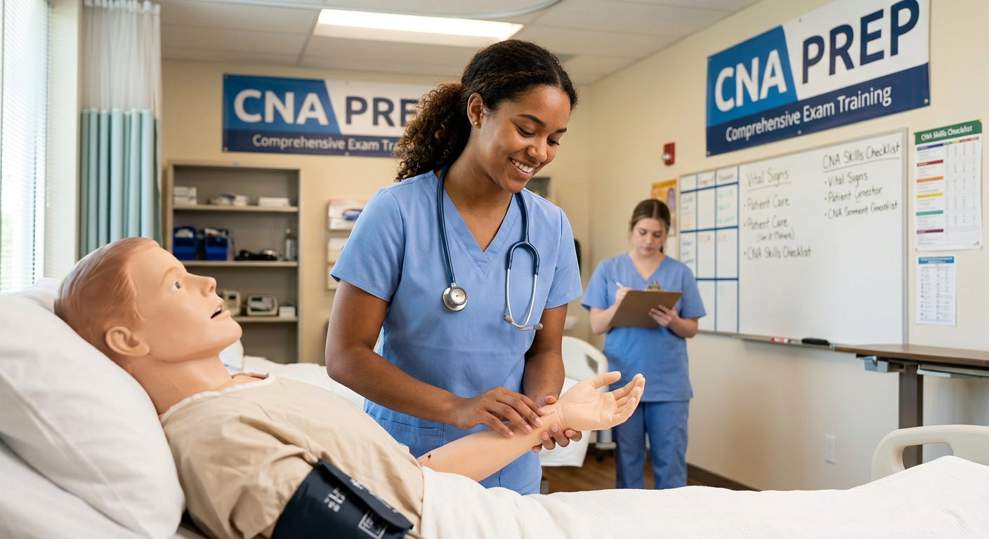 Student practicing certified nursing assistant skills during hands-on CNA training