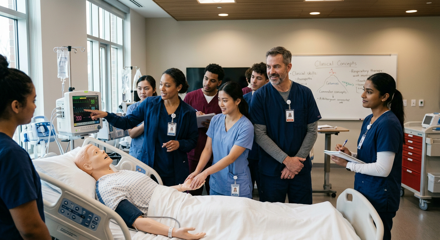 Experienced healthcare instructor teaching students in a hands-on medical training class
