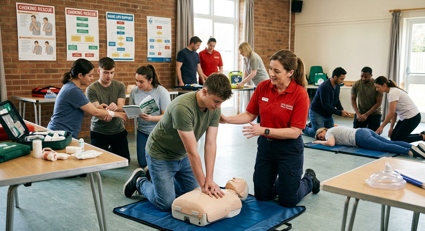 Student performing CPR and emergency response training on a medical mannequin
